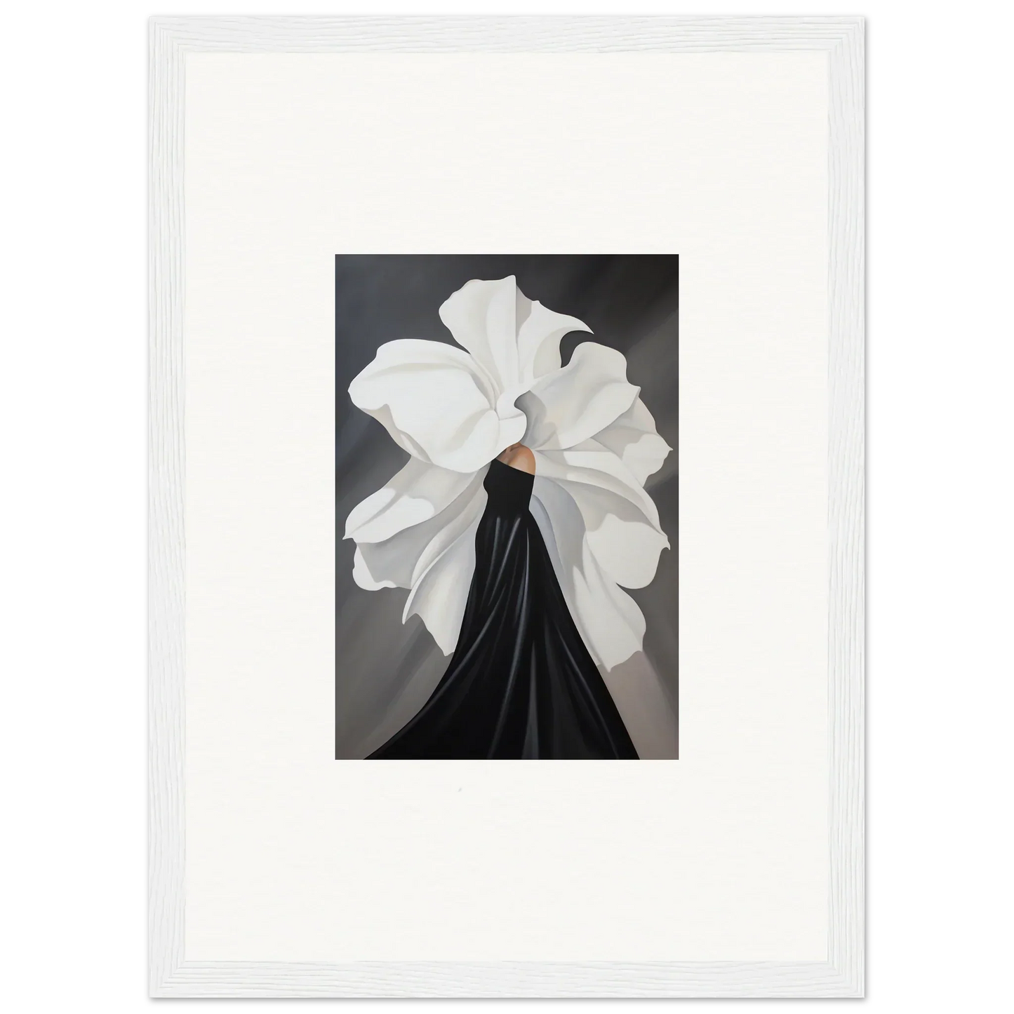 White flower-like structure on black garment in Silent Petal Whispers framed wall art