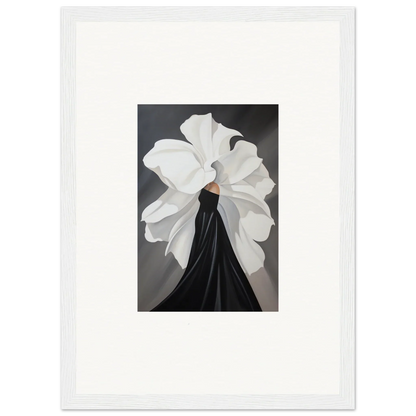 White flower-like structure on black garment in Silent Petal Whispers framed wall art