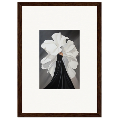 Framed wall art of a figure in a black dress with petal whispers, perfect for room decor