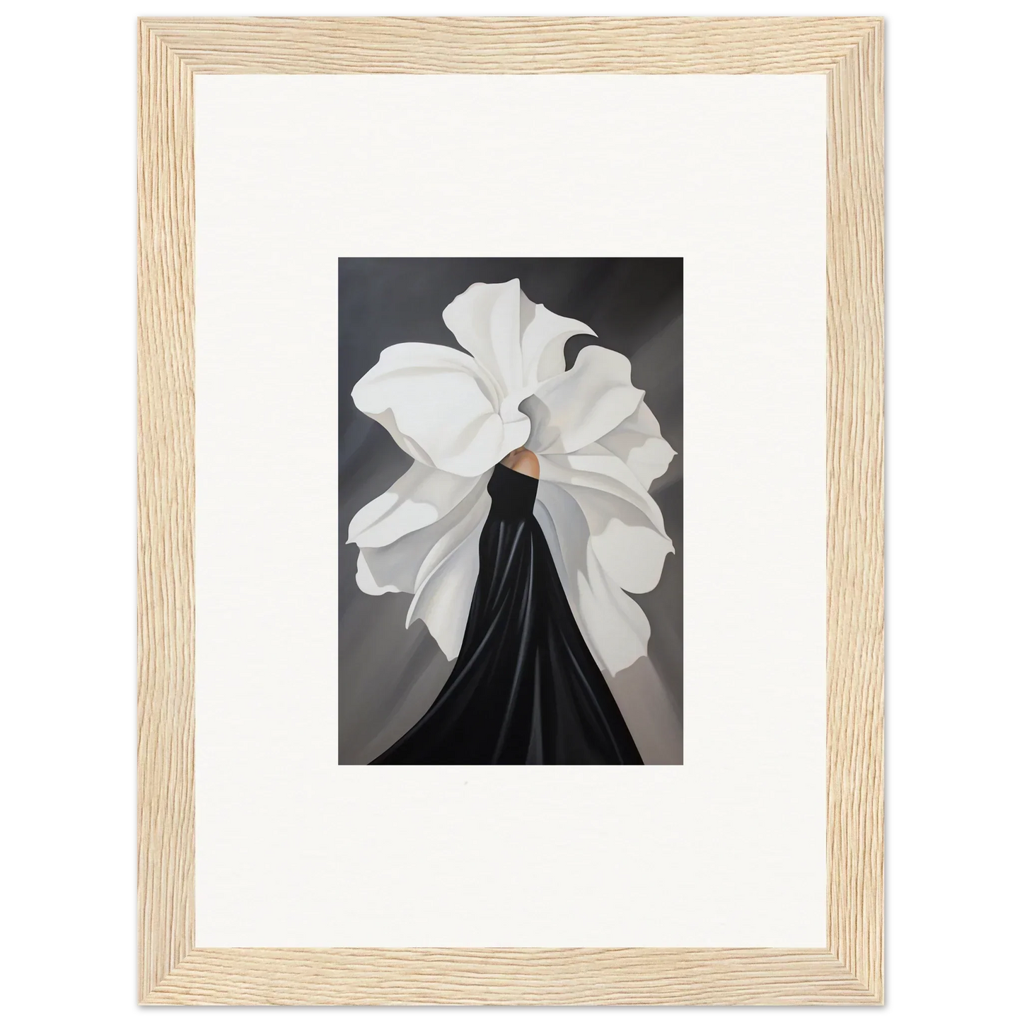 Framed wall art of a figure in a black dress with petal whispers floral accent