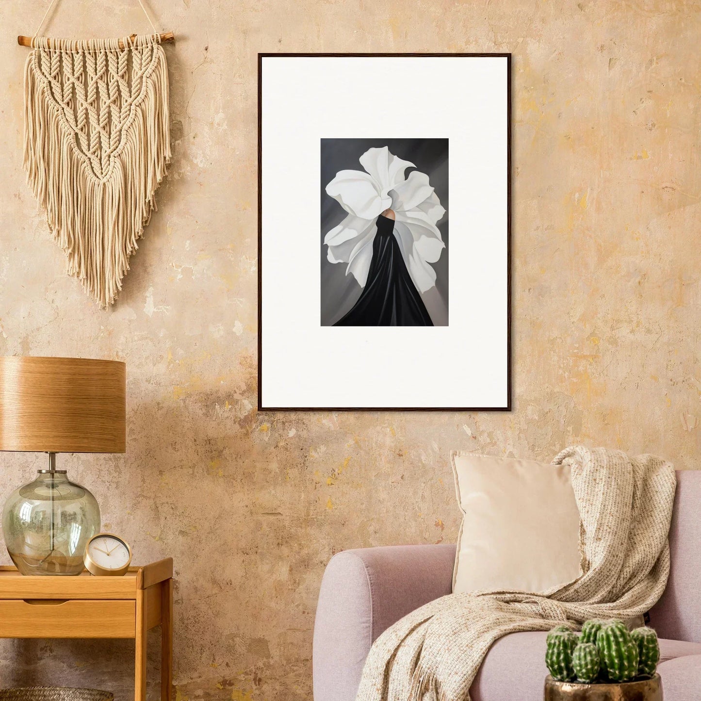 Framed black and white flower photograph for elegant room decor, Silent Petal Whispers