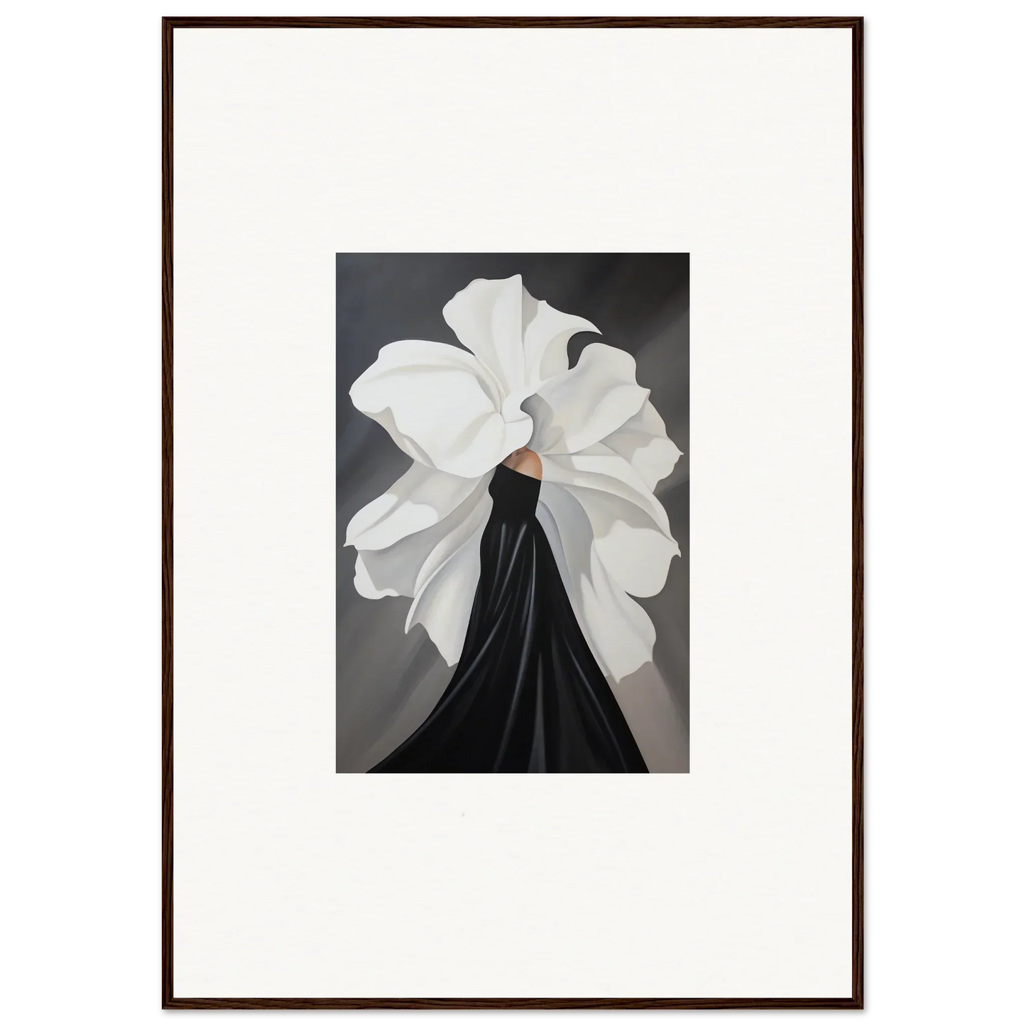 Elegant black dress with white flower accent for petal whispers themed room decor