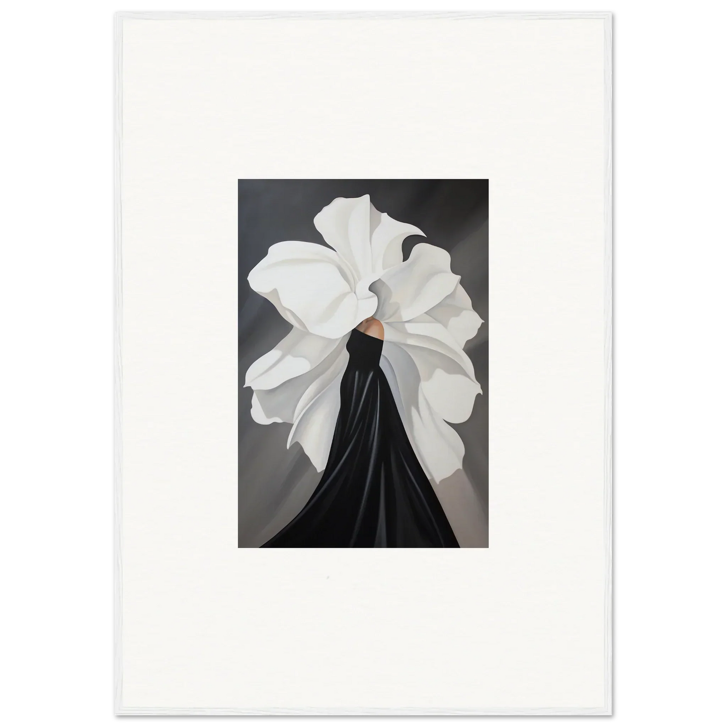 White flower-like structure atop black silhouette for Silent Petal Whispers wall art