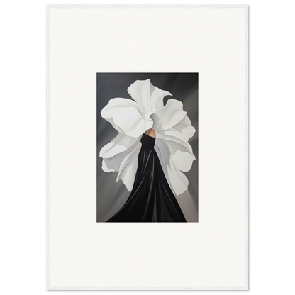 White flower-like structure atop black silhouette for Silent Petal Whispers wall art