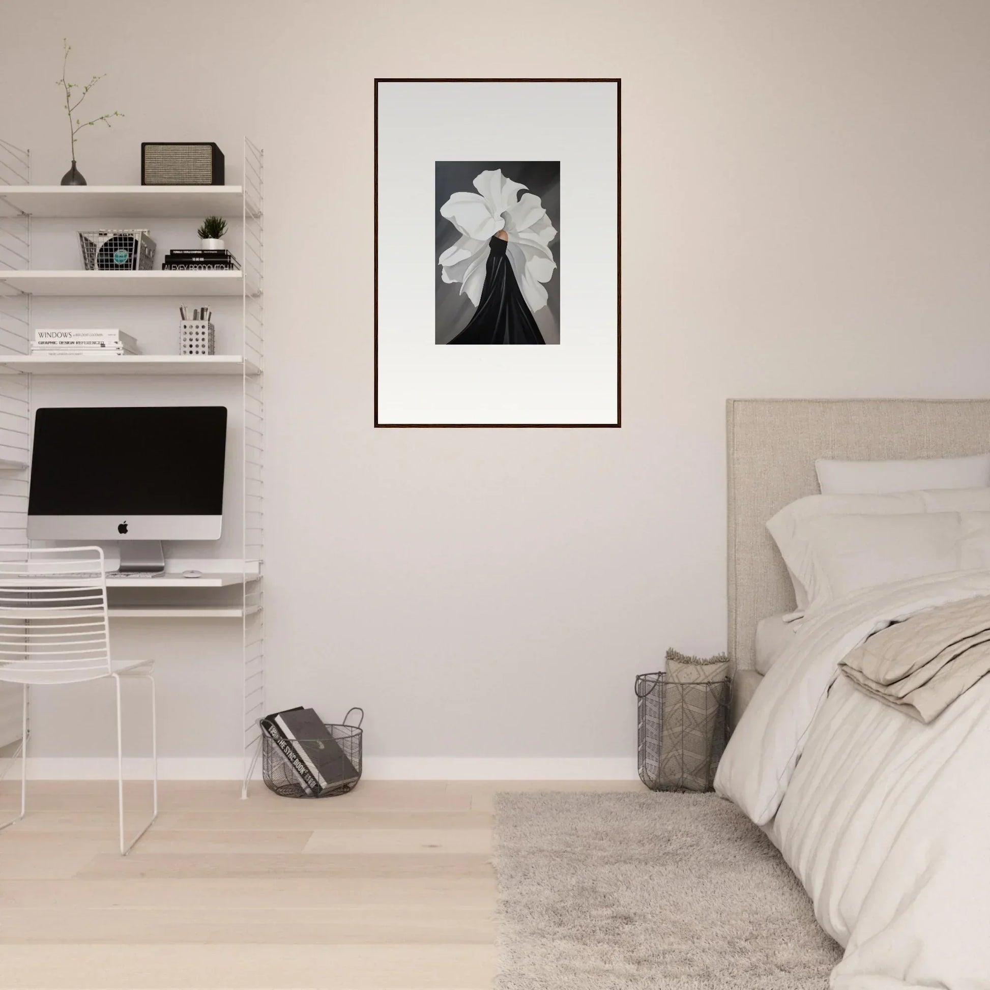 Minimalist bedroom with white walls, floating shelves, and framed wall art featuring Petal Whispers