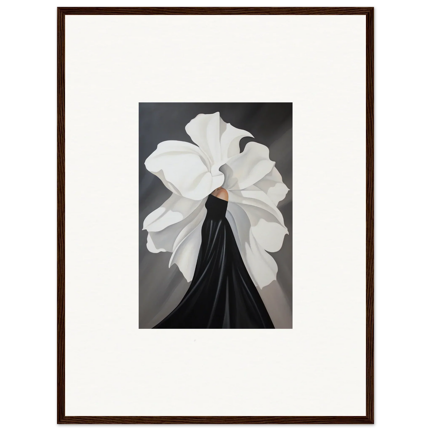 Framed wall art of a figure in a black dress, enhancing petal whispers room decor