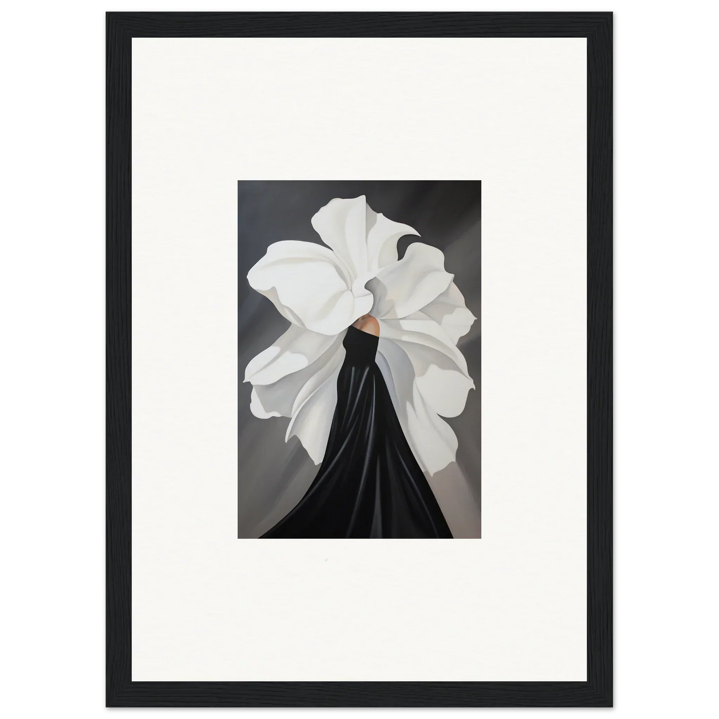 Elegant black dress with oversized white flower accent for Petal Whispers decor