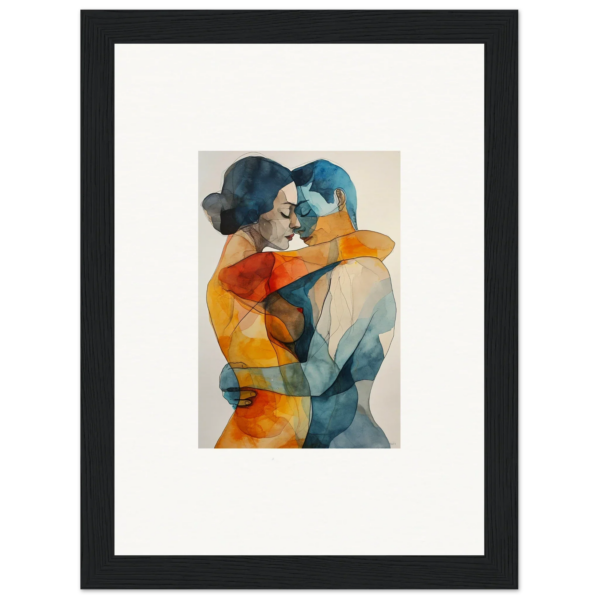 Abstract watercolor of embracing figures in blue and orange for Kaleidoscope Warmutations wall art