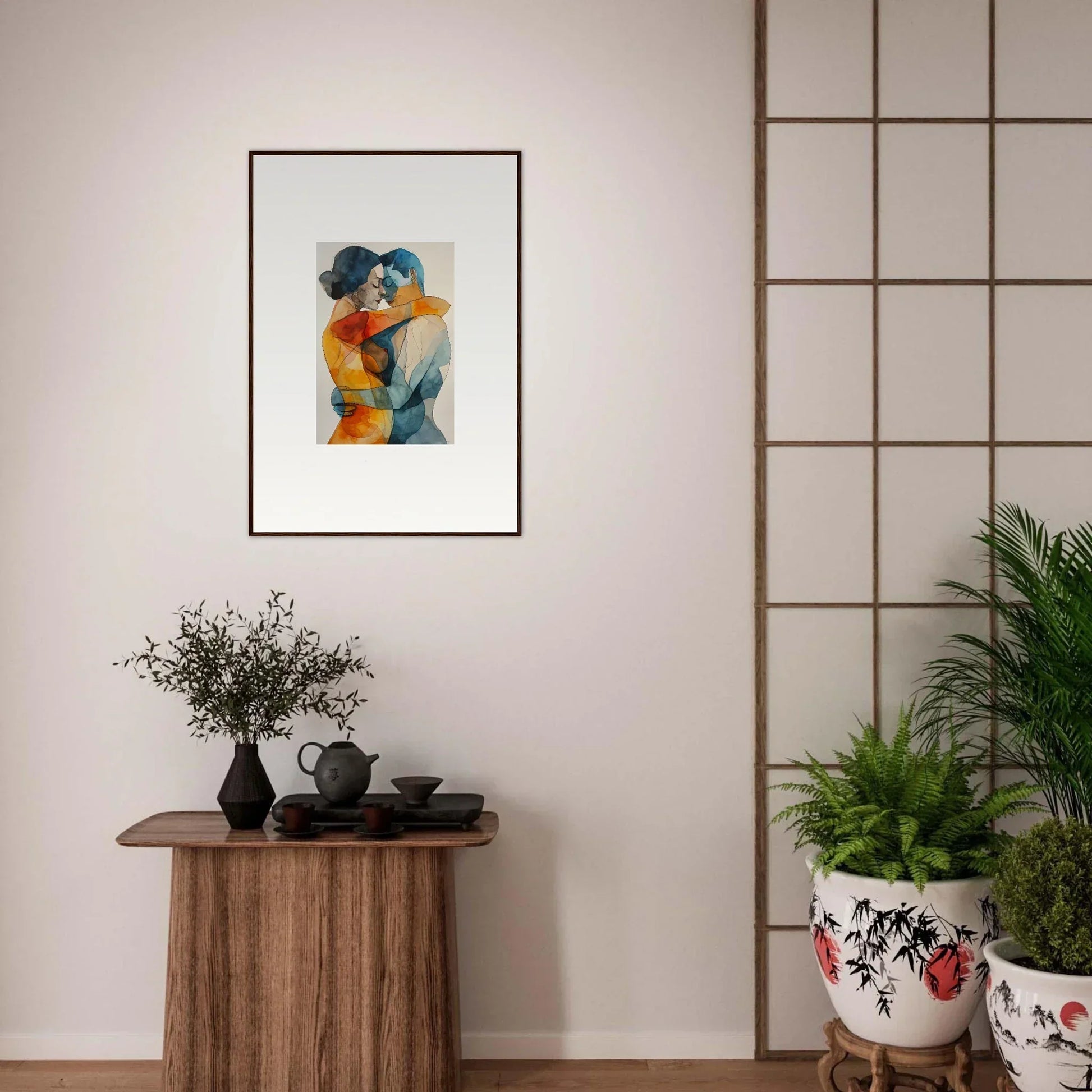 Framed abstract watercolor embracing figures in blue and orange for room decor, Kaleidoscope Warmutations