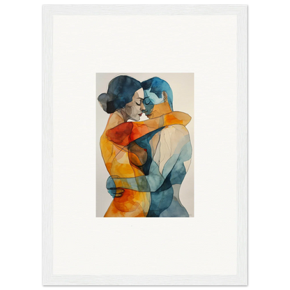 Abstract watercolor painting of embracing figures in blue and orange for kaleidoscope warmutations room decor