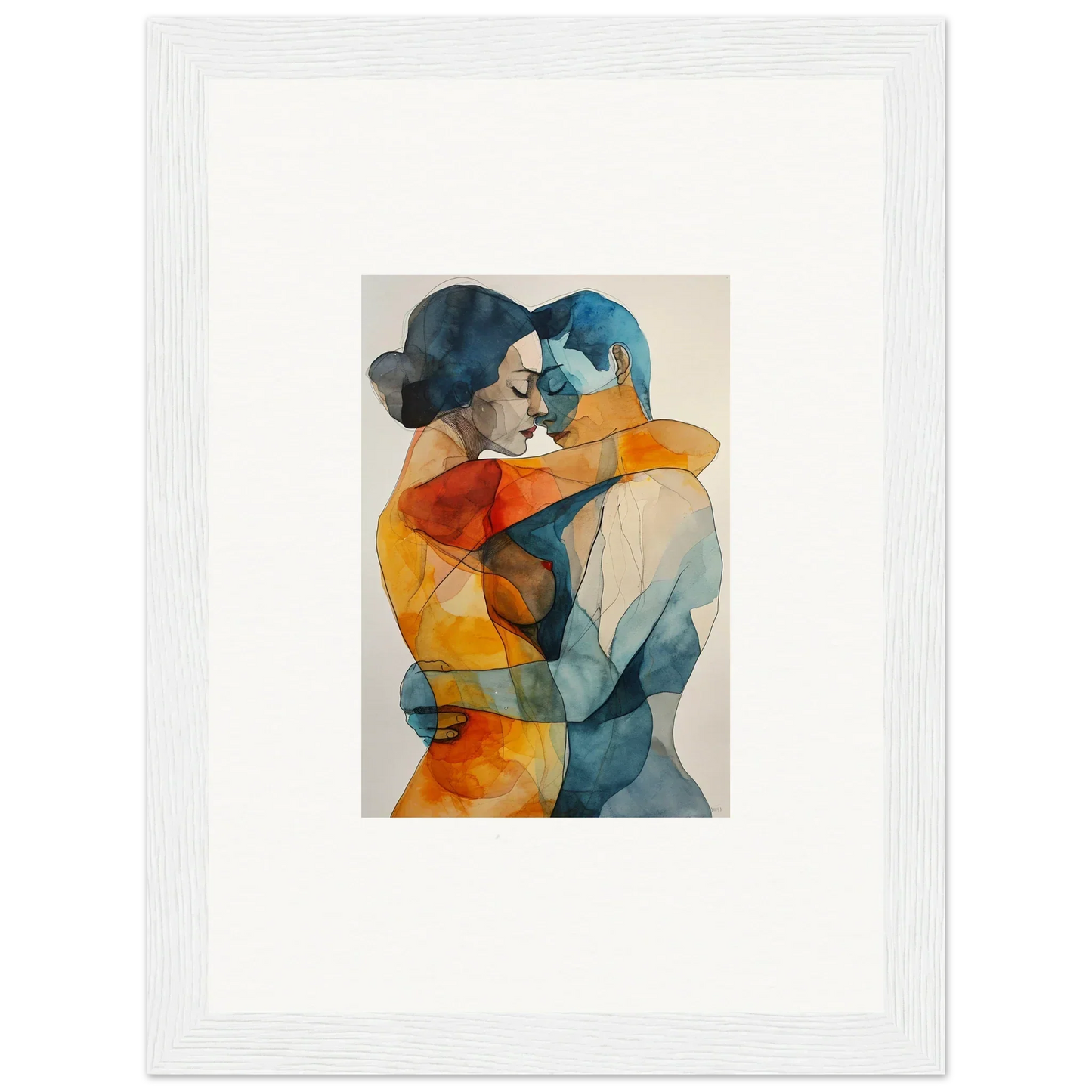 Abstract watercolor painting of embracing figures in blue and orange for Kaleidoscope Warmutations room decor