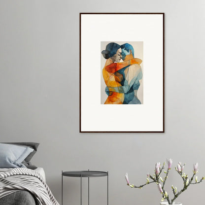 Framed watercolor painting of intimate embrace in orange and blue for Kaleidoscope Warmutations room decor