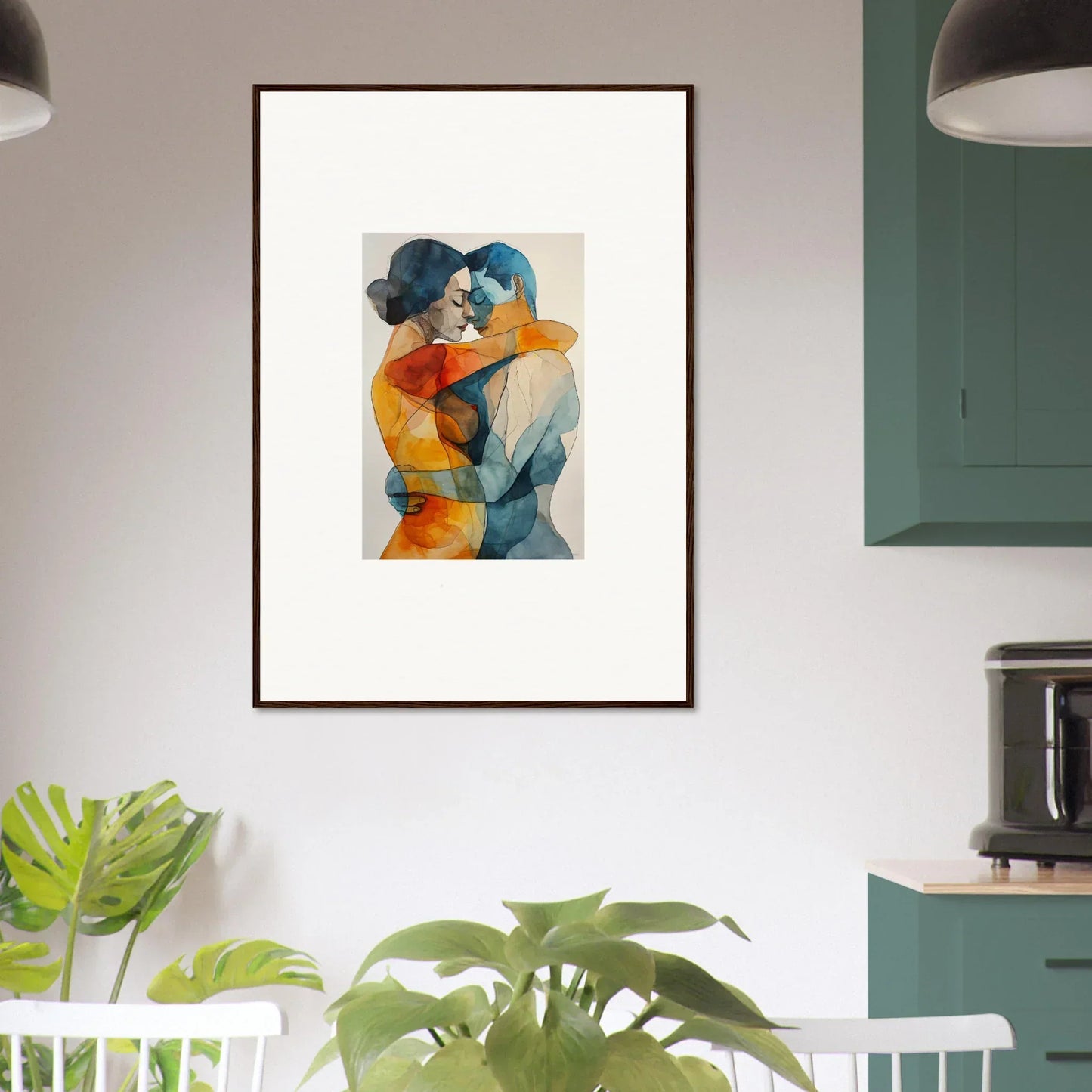 Framed wall art of abstract watercolor embracing figures in Kaleidoscope Warmutations style