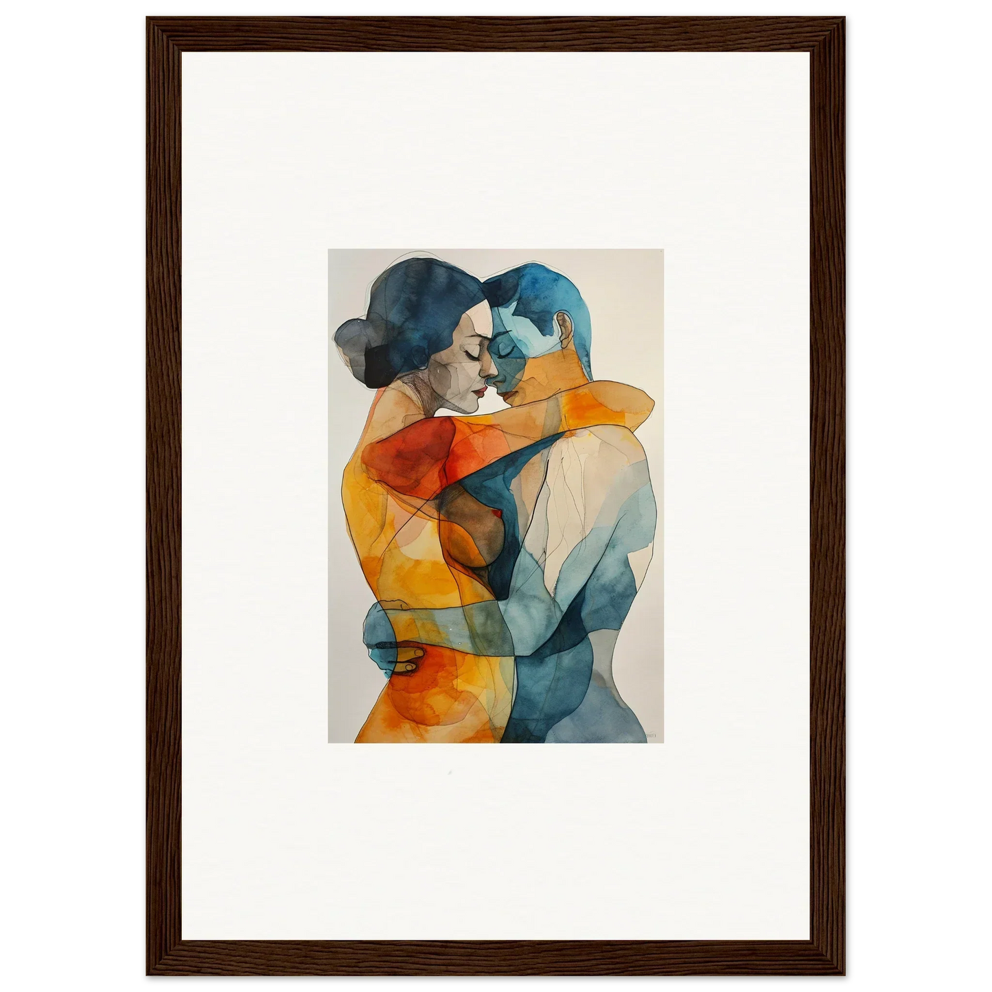 Abstract watercolor of two embracing figures in blue and orange for Kaleidoscope Warmutations room decor