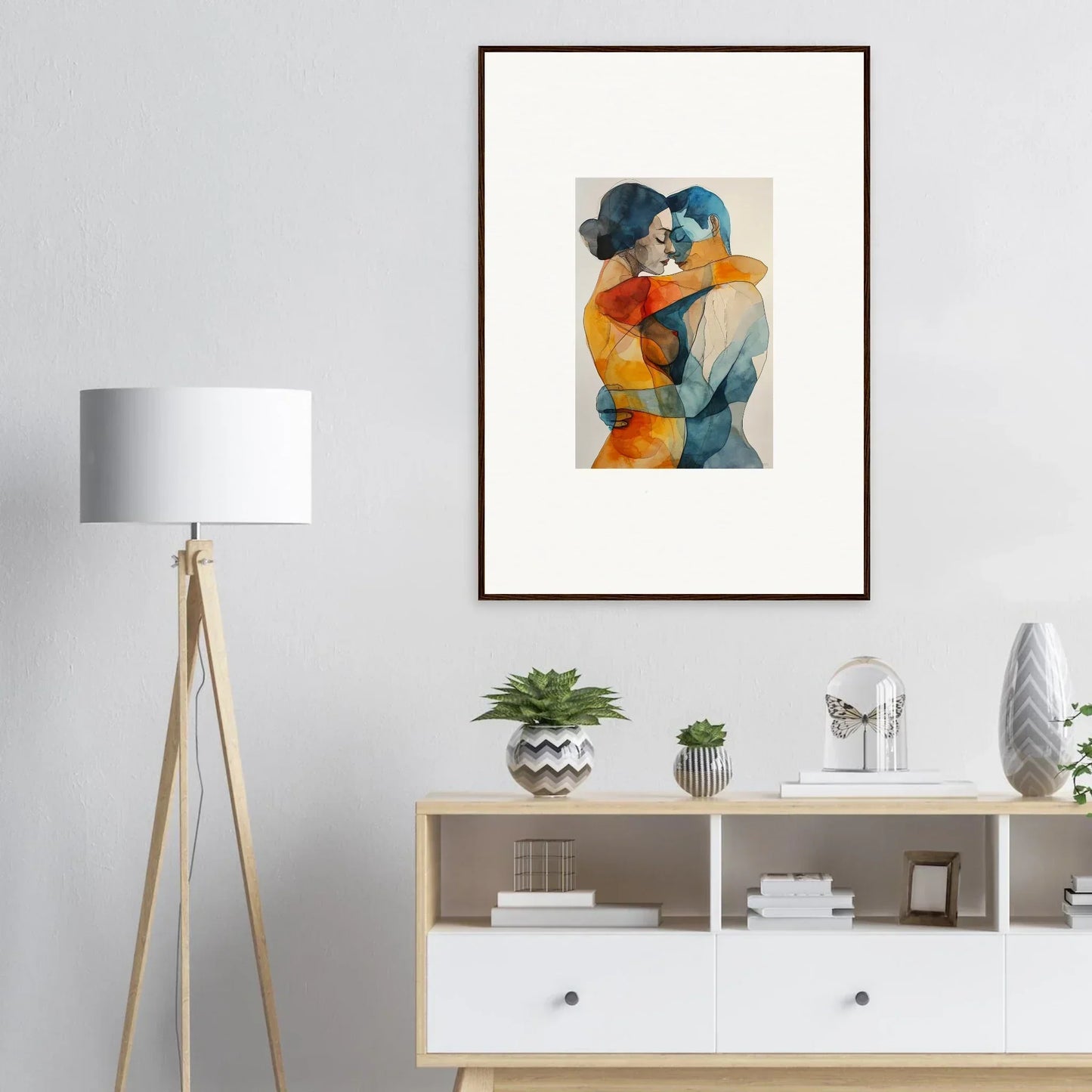 Framed watercolor painting of embracing couple, vibrant kaleidoscope warmutations room decor