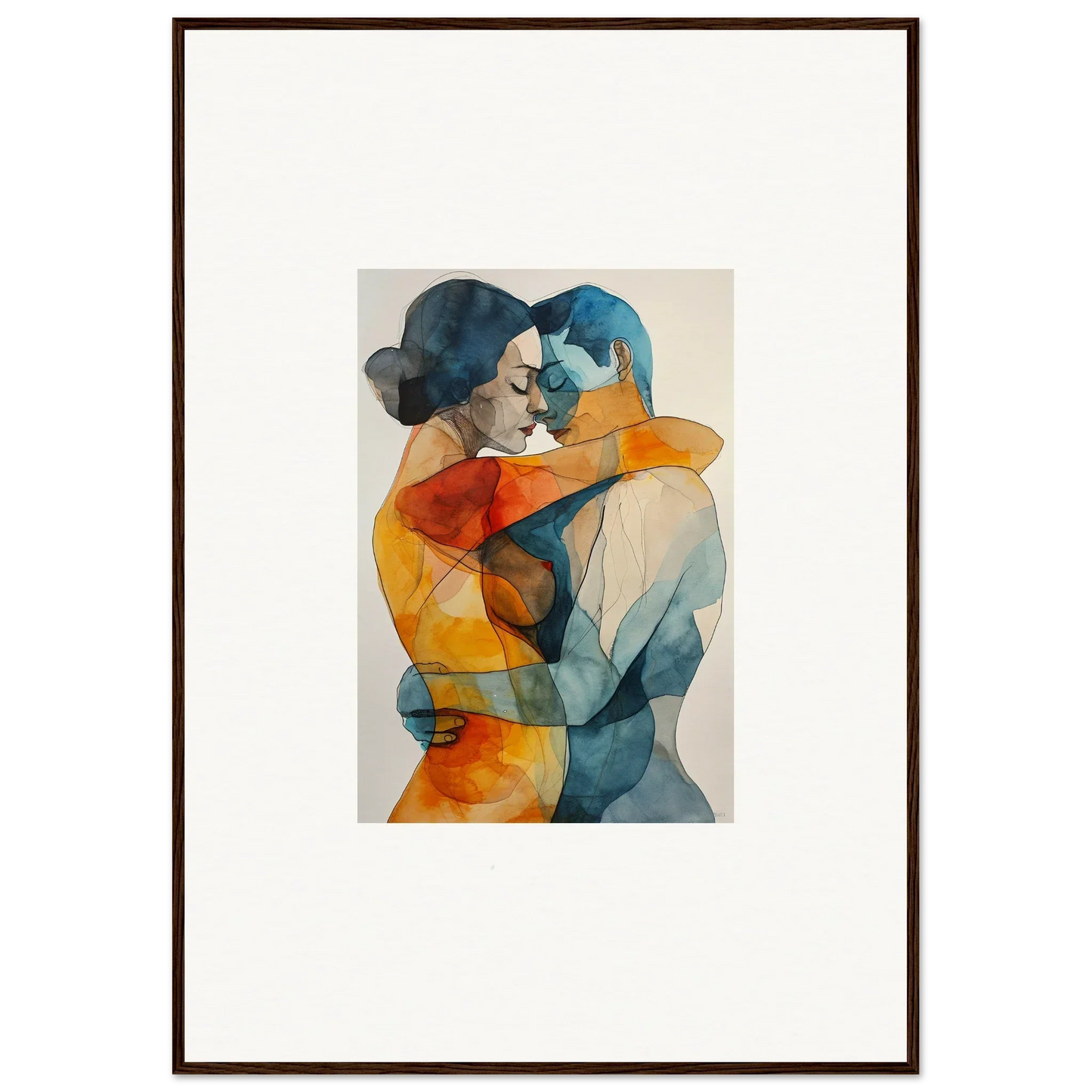 Abstract watercolor painting of embracing figures in vibrant colors for room decor