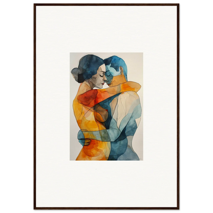 Abstract watercolor painting of embracing figures in vibrant colors for room decor