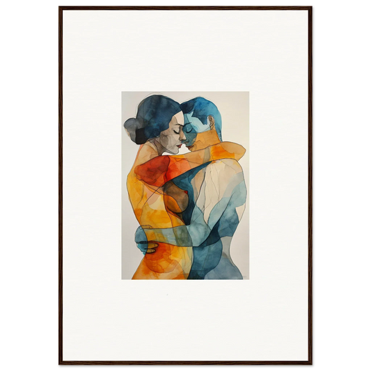 Abstract watercolor painting of embracing figures in vibrant colors for room decor