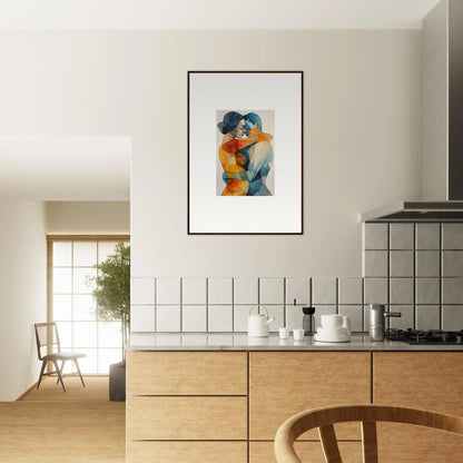 Framed abstract painting of two embracing figures in vibrant colors for room decor