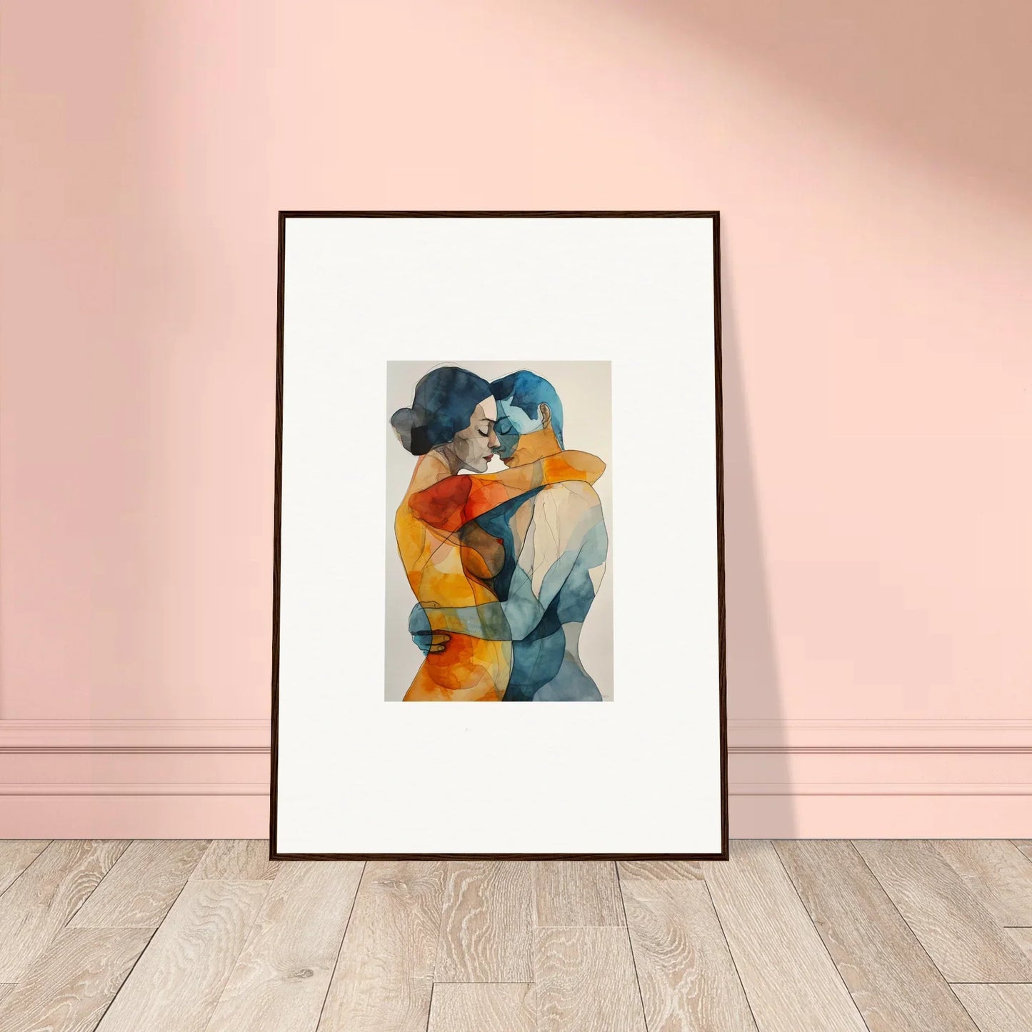 Framed watercolor painting of embracing couple in colorful forms for kaleidoscope warmutations