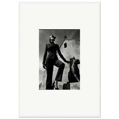 Black and white photograph of a woman in a stylish outfit posing next to a sculptural form.