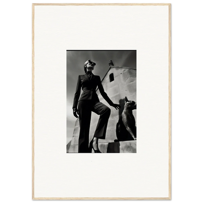 Black and white photograph of a person posing next to a sculptural form.