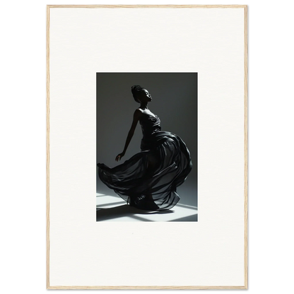 Elegant silhouette of a woman in a flowing dress, captured mid-movement.