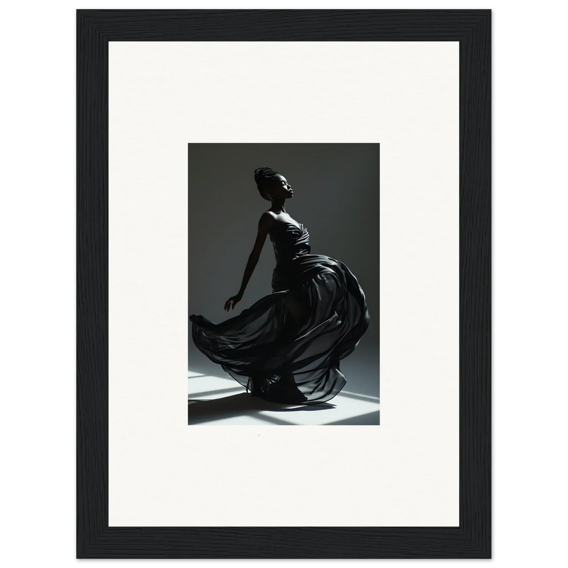 Elegant figure in a flowing black dress captured mid-motion against dramatic lighting.