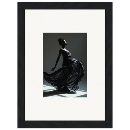 Elegant figure in a flowing black dress captured mid-motion against dramatic lighting.