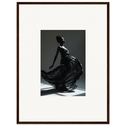 Silhouette of a woman in a flowing dress, captured mid-twirl.