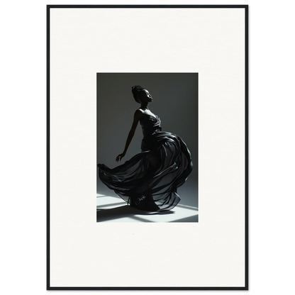 Graceful figure in a flowing black dress captured mid-twirl.