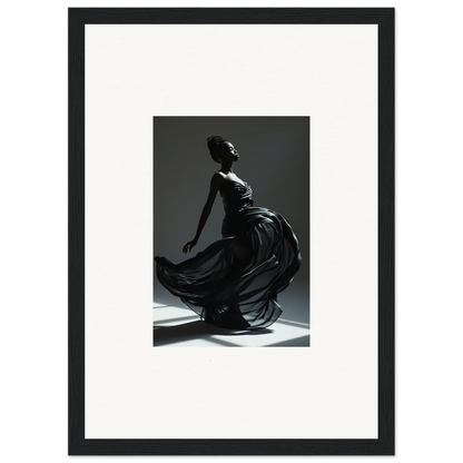 Graceful figure in a flowing dark dress captured mid-movement.