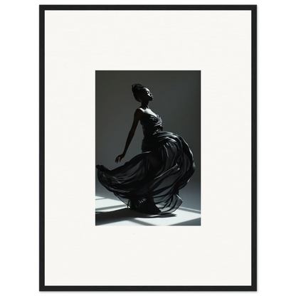 Graceful silhouette of a woman in a flowing dress, captured mid-movement.