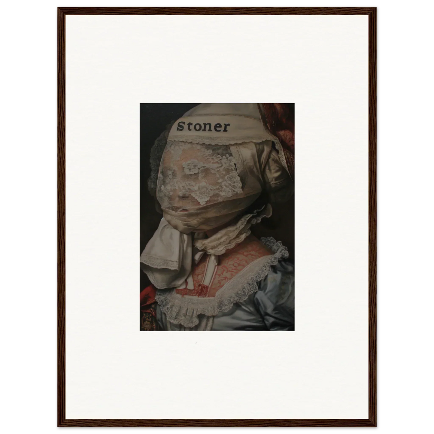 Framed canvas print of a surreal face with stoner text for unique room decoration