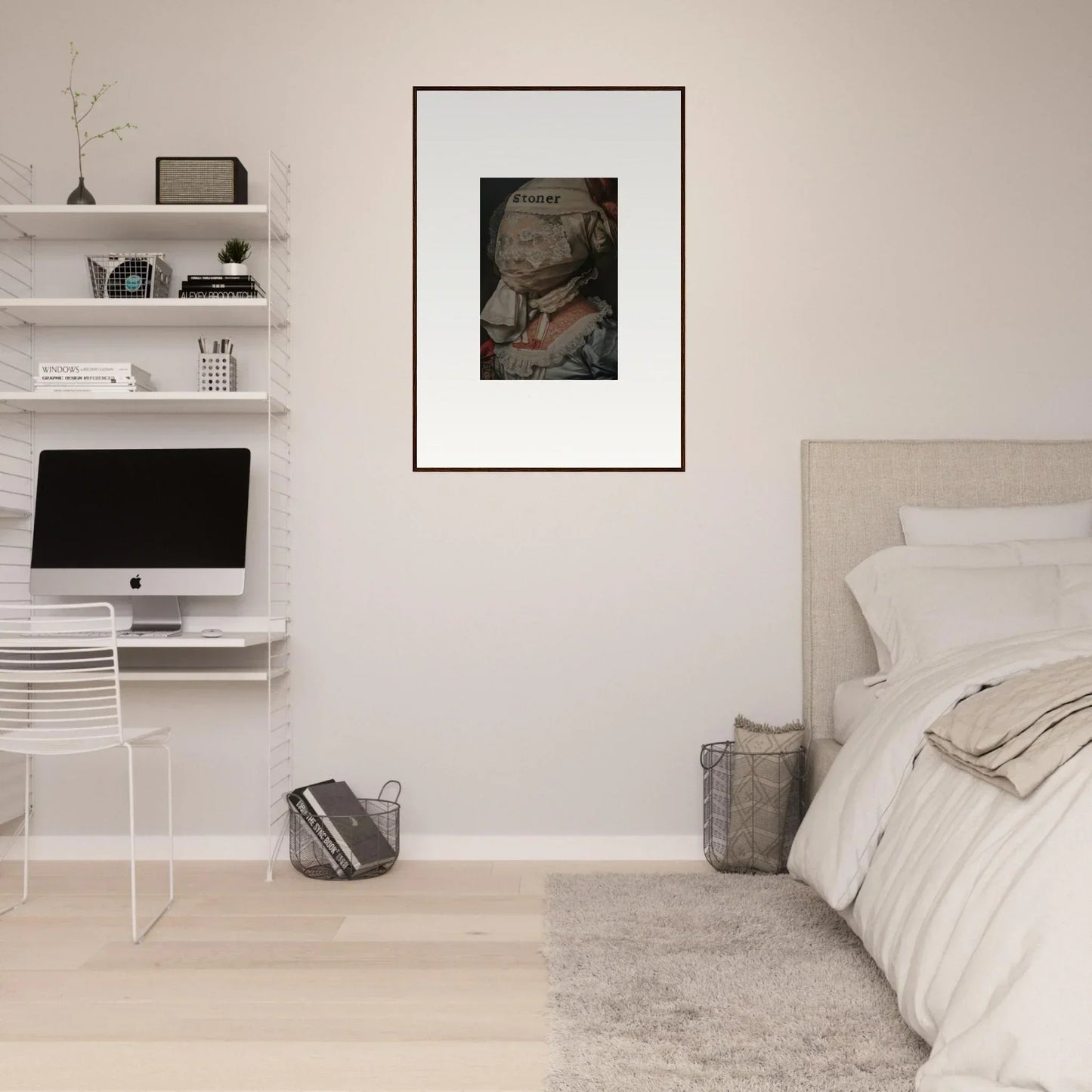 Minimalist bedroom featuring Jeweled Illusion canvas print and stylish floating shelves