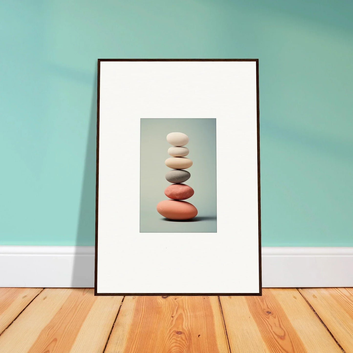 Framed wall art of colorful balanced stones enhances modern room decor