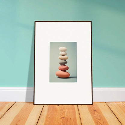 Framed wall art of colorful balanced stones enhances modern room decor