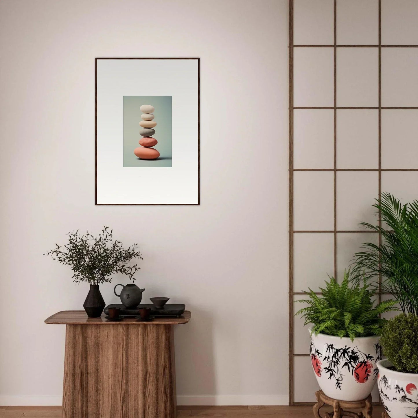 Framed wall art featuring balanced stacked stones, perfect for modern room decor