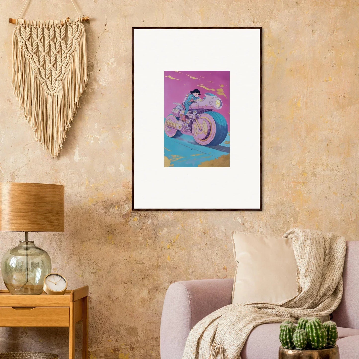 Framed wall art of a person riding a motorcycle against a vibrant sky, perfect for room decor