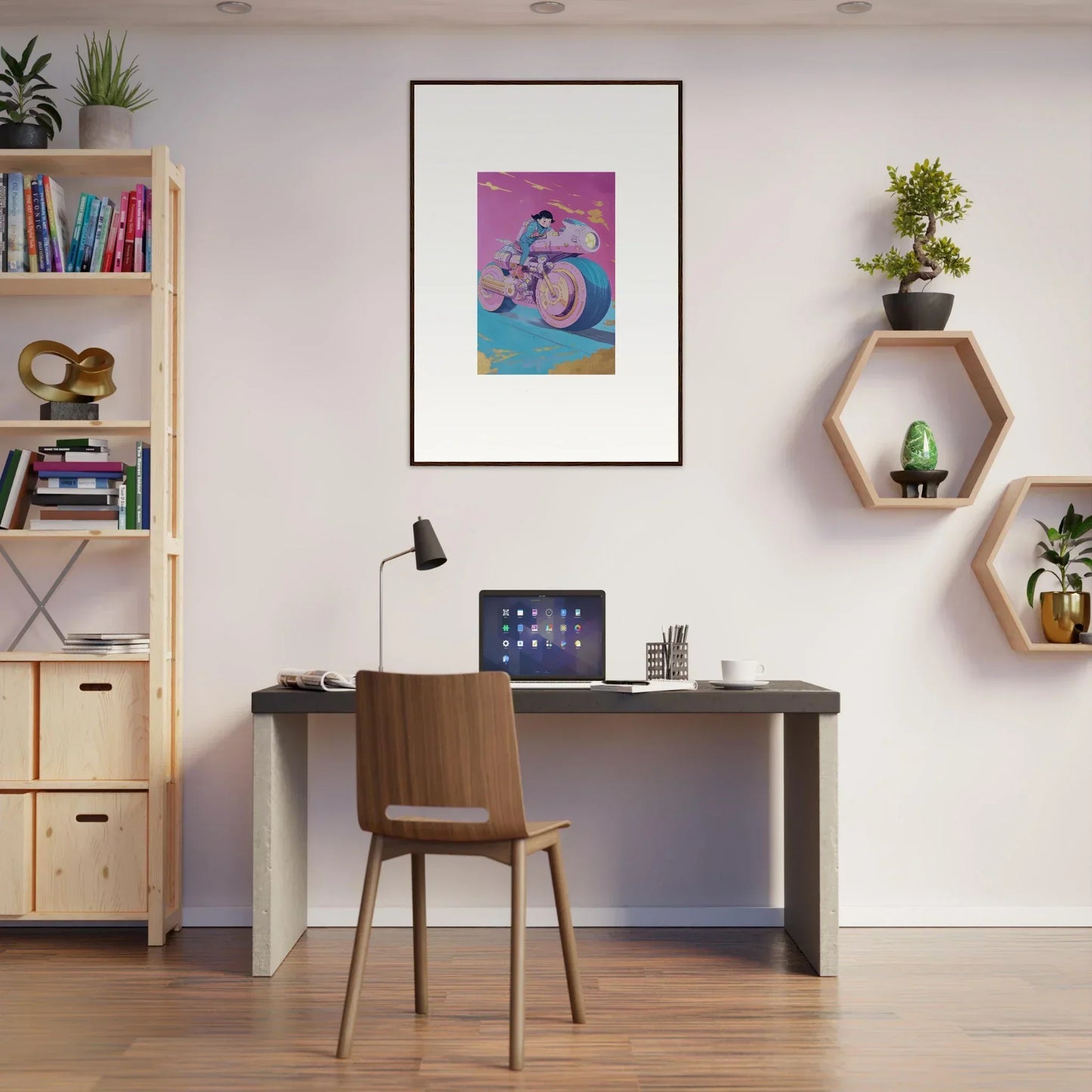 Home office workspace featuring a desk, chair, bookshelf, and framed wall art decor