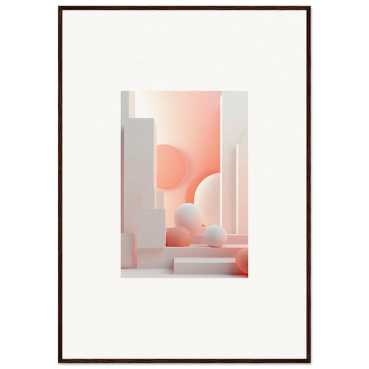 Abstract architectural composition featuring soft pink and white geometric shapes.