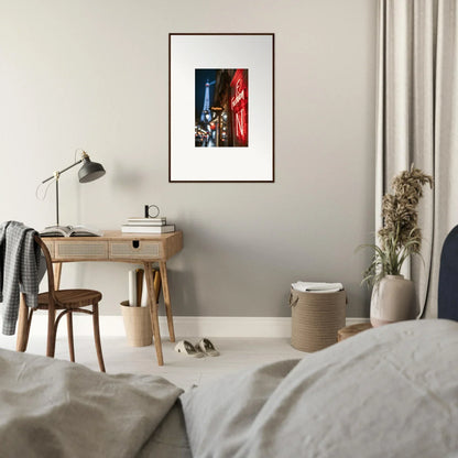 Framed wall art of a colorful urban street scene with neon whispers for stylish room decor