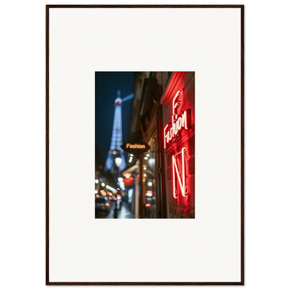 Framed wall art of Paris street with Eiffel Tower and neon whispers for stylish room decor