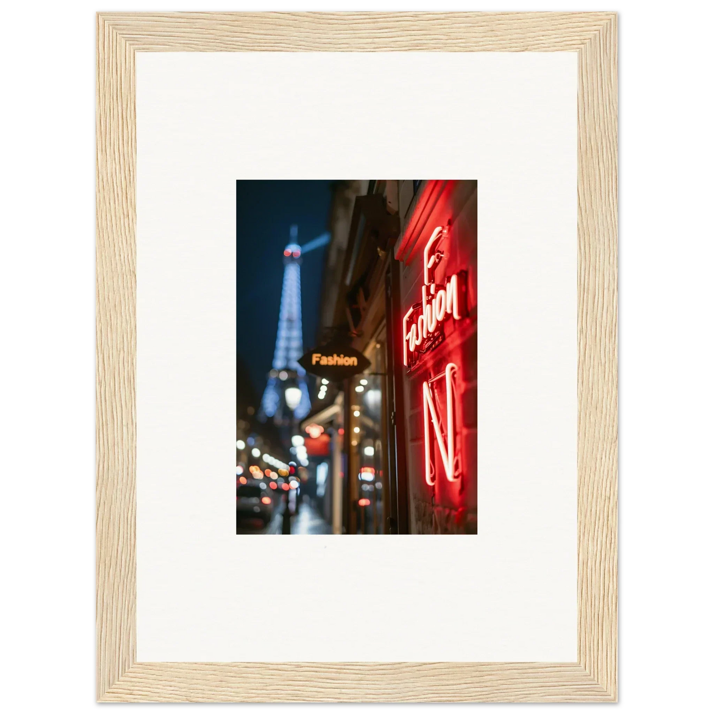 Framed wall art of a Parisian street scene with neon whispers and the Eiffel Tower