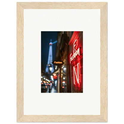 Framed wall art of a Parisian street scene with neon whispers and the Eiffel Tower