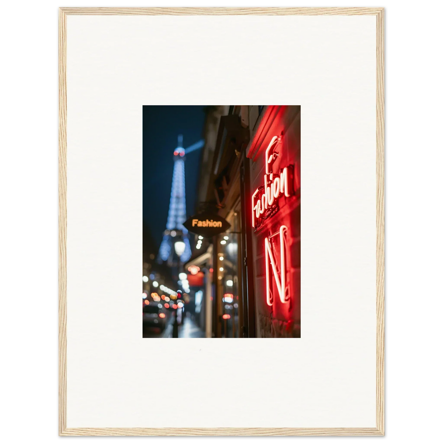 Framed wall art of a Parisian street with the Eiffel Tower and neon whispers decor