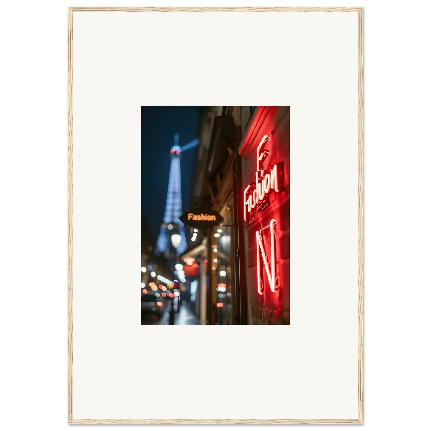 Framed wall art of a Parisian street with neon whispers and the Eiffel Tower