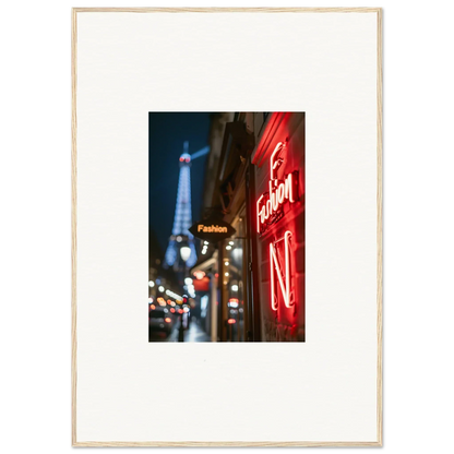 Framed wall art of a Parisian street with neon whispers and the Eiffel Tower