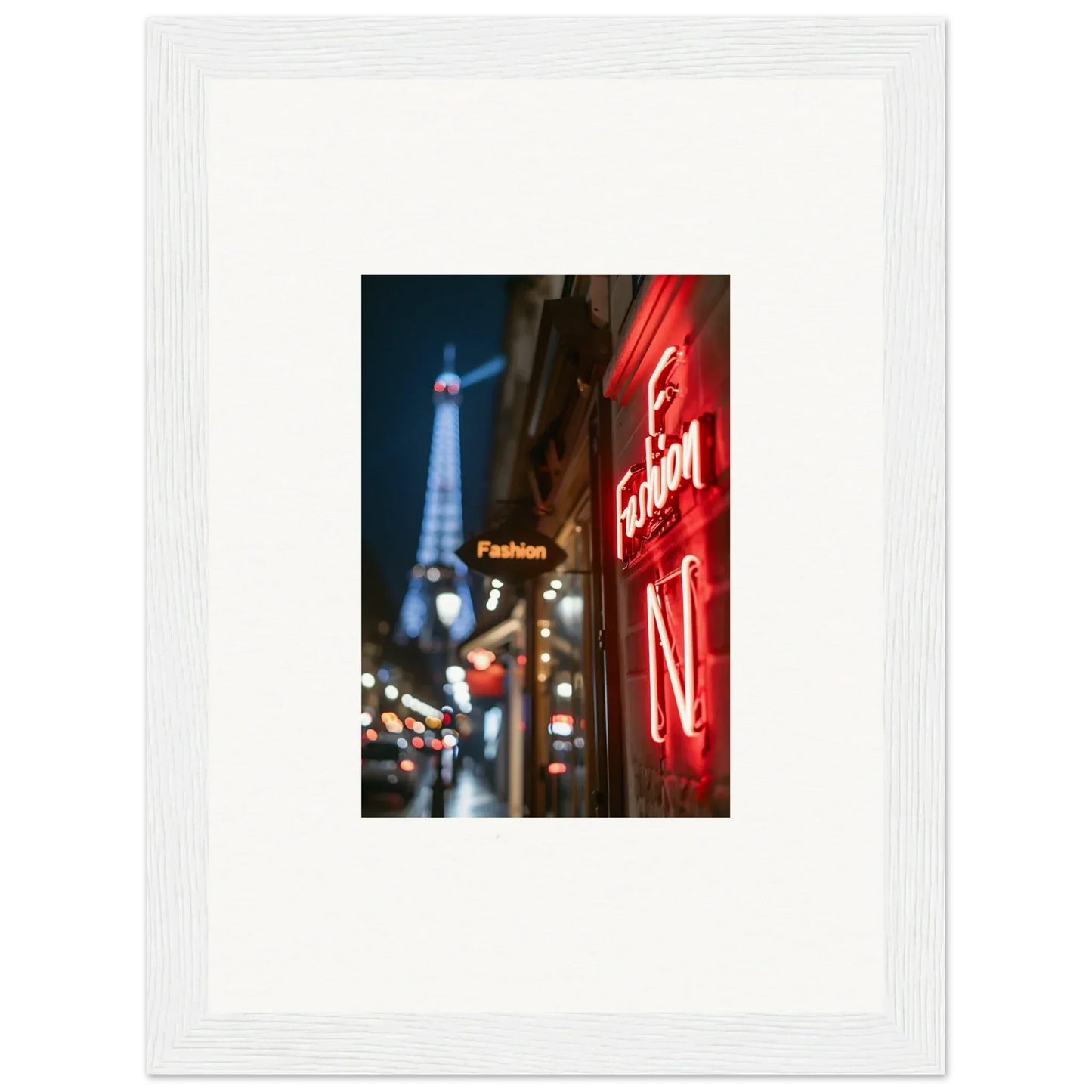 Framed wall art of a Parisian street scene with neon whispers and the Eiffel Tower