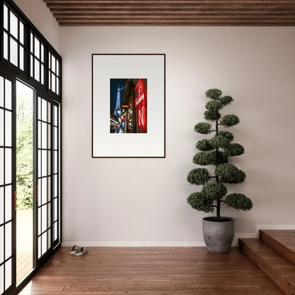 Framed wall art of a city street scene with neon whispers and vibrant red and blue lighting